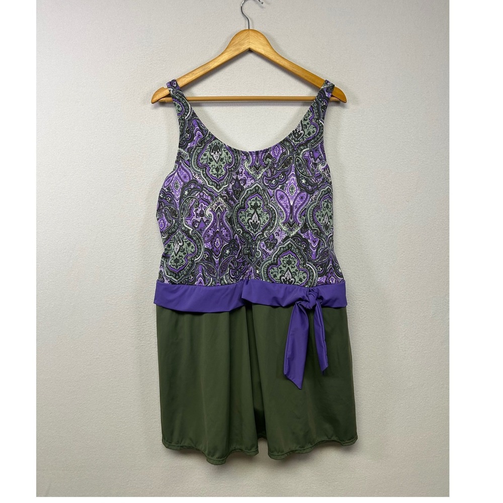 Boho Paisley D&Co. Beach Womens 22W Purple Green Skirted Swimdress Swimsuit‎